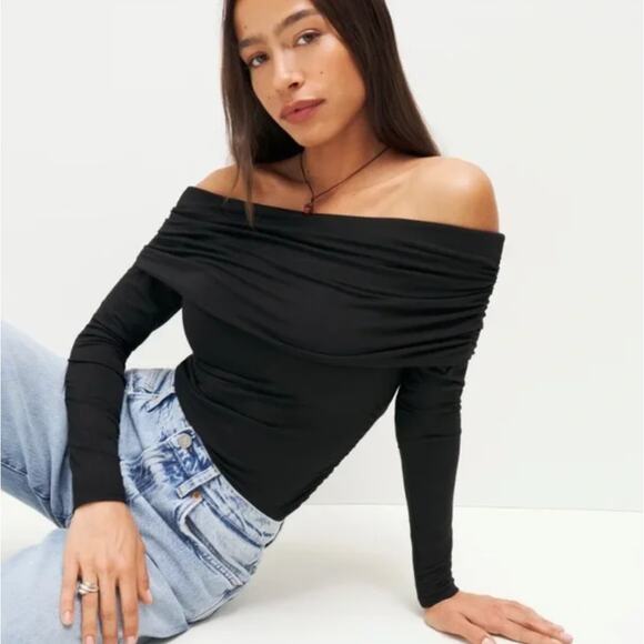 REFORMATION Florentina Knit Off Shoulder Top Black Sz L {GG47} - Picture 1 of 6